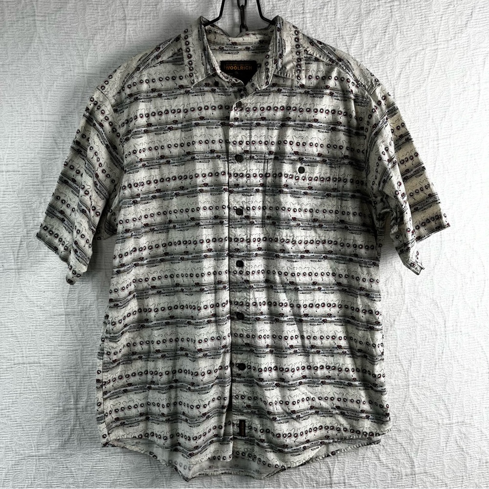 Vintage Woolrich Mens L Rod and Bouy Camp Shirt Fishing All Over Print John Rich